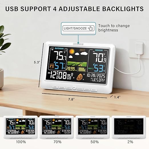 BluSon Weather Station Wireless Indoor Outdoor Thermometer, Color Display Digital Temperature Humidity Monitor with Atomic Clock, Weather Forecast, Adjustable Backlight, Home Weather Station, White - Image 7