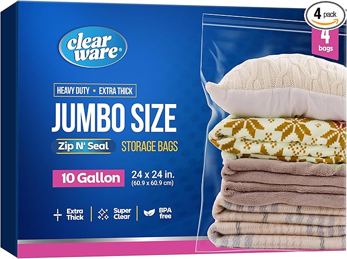 4 Count - Large Storage Bags With Zipper Top, 10 Gallon Size 24" x 24", Extra Large Plastic, For Clothes, Travel, Moving, BPA-Free, Heavy Duty 3-Mil Thick by CLEARWARE