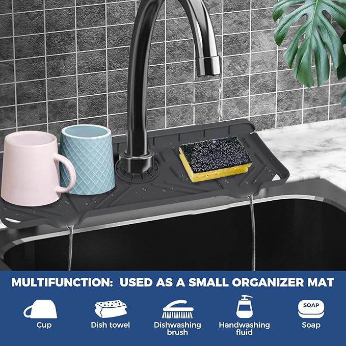 2 Pcs Silicone Faucet Handle Drip Catcher Tray Mat, 2 in 1 Dish Soap Sponge Holder for Kitchen Sink & Sink Splash Guard, Silicone Faucet Mat Drying Mat for Kitchen Sink Accessories, Counter, Bathroom - Image 3