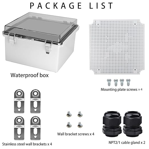 Waterproof Electrical Box with Mounting Plate, IP67 Junction Box Stainless Steel Latch Hinged Clear Cover Project Enclosure with Wall Bracket and 2 Glands 8.3" x 8.3" x 3.9" - Image 4