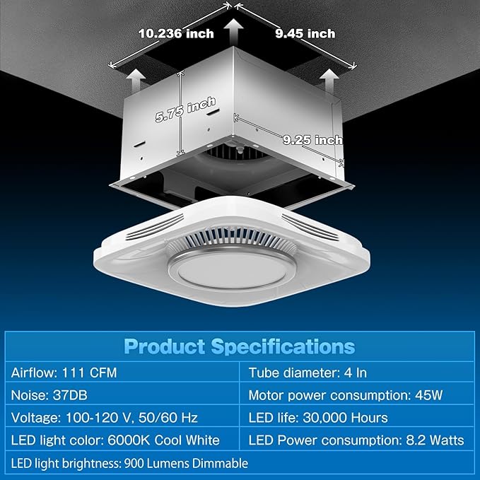 Hon&Guan Bathroom Exhaust Fan with Light, 111 CFM Ventilation Fan wih 900 LM LED Light for Home, 45 Watts & 1.5 Sones - Image 3