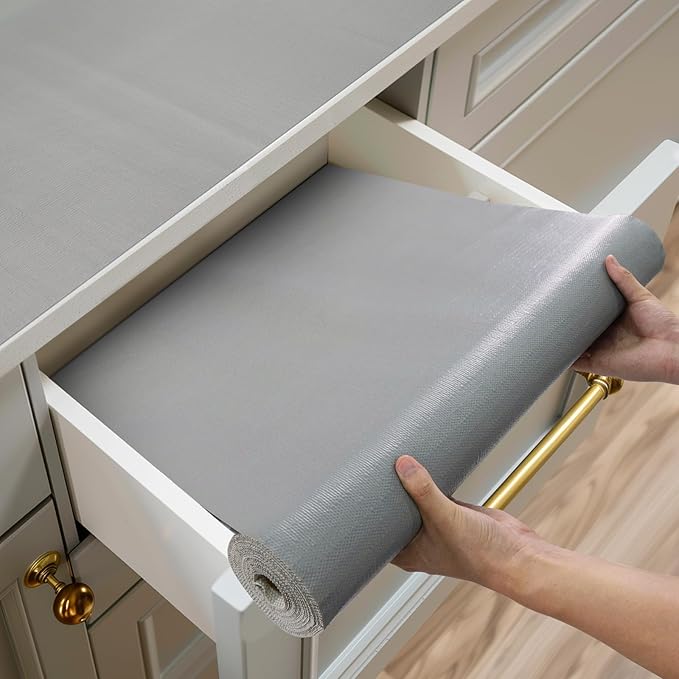 Shelf and Drawer Liner for Kitchen Cabinets Non-Adhesive, Strong Grip Non-Slip Thickened Cabinet Liners for Shelves, Waterproof Mats for Dresser Cupboard, Pure Gray, 12 in x 10 Feet by Shinlendid