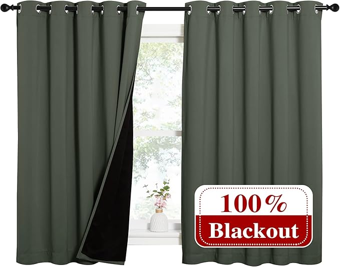 NICETOWN Dark Mallard 100% Blackout Lined Curtains, 2 Thick Layers Completely Blackout Window Treatment Thermal Insulated Drapes for Kitchen/Bedroom (1 Pair, 62" Width x 63" Length Each Panel) - Image 2