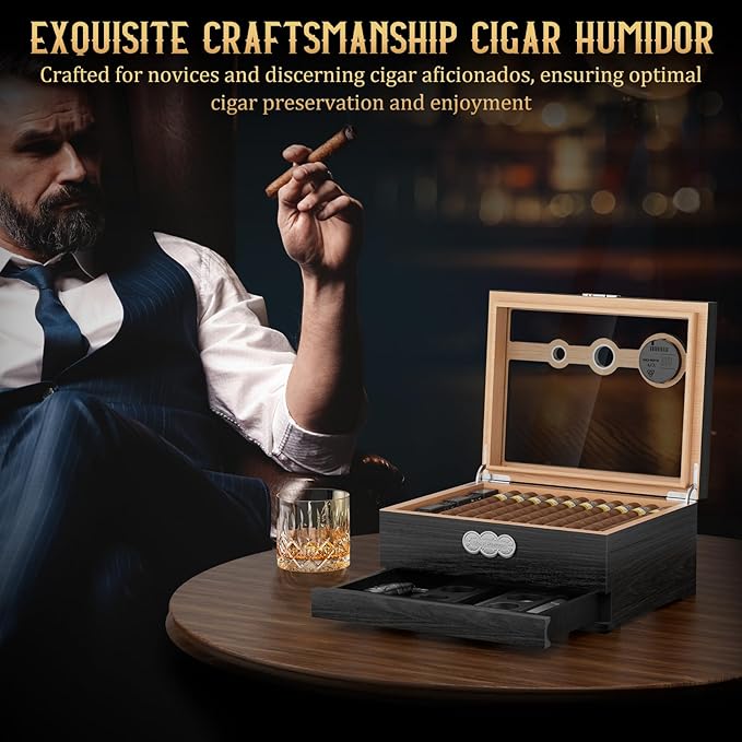 Cigar Humidor, Glass Top Desktop Humidor Box, Cigar Gifts for Men, Cedar Wood Cigars Case with Digital Hygrometer, Humidifier, Measuring Scale and Cigars Accessories Drawer - Image 8