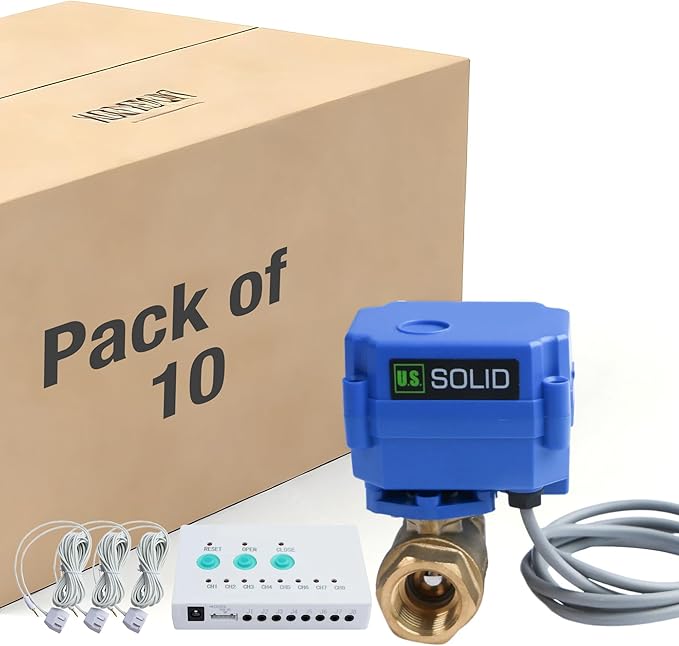 U.S. Solid Water Leak Detector - Water Leak Detect and Protect System with 3/4" Brass Motorized Ball Valve, Controller and 3 Sensors(Pack of 10) by USSolid