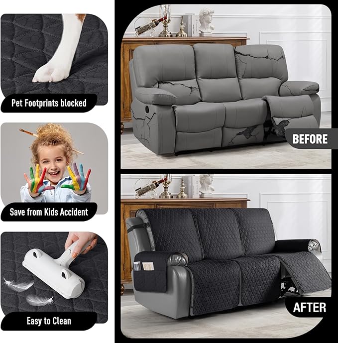 TAOCOCO 100% Waterproof Recliner Cover, Non-Slip Washable Reclining Couch Cover with Elastic Leg Straps, Furniture Protector for Dogs (Black, 3 Seater) - Image 2