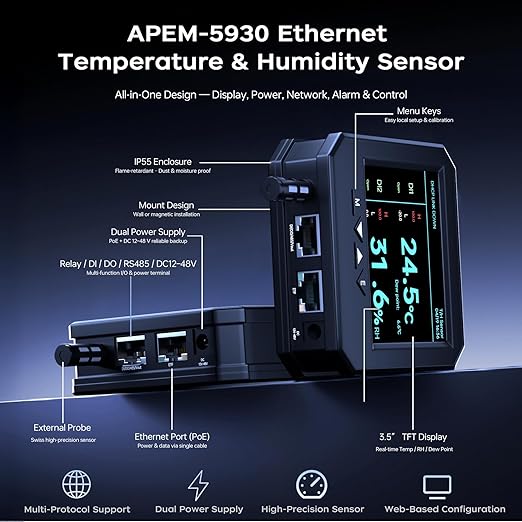 Ethernet Server Room Temperature Monitor, PoE Server Rack Temperature Humidity Sensor with Web Interface, SNMP Modbus MQTT Support, Dual Power, IP55, Data Logging, Alarm & Relay Output - Image 3