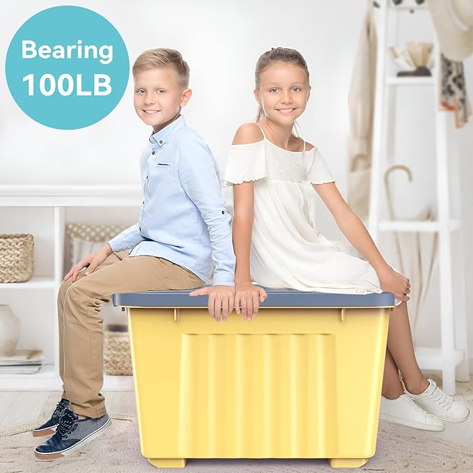 Nazhura Plastic Storage Bin, Stackable and Nestable Storage Boxes with White Lids and Secure Latching Buckles, Large Storage Container (Yellow/Purple, 72Quart-4Pack) - Image 7