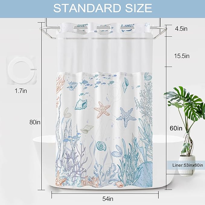 Stall No Hook Shower Curtain with Snap in Liner, Beach Ocean Nautical Coastal Shower Curtains and Liner Set for Bathroom, Seashell Fabric Bath Curtain, Waterproof Washable, Orange 54" x 80" - Image 6
