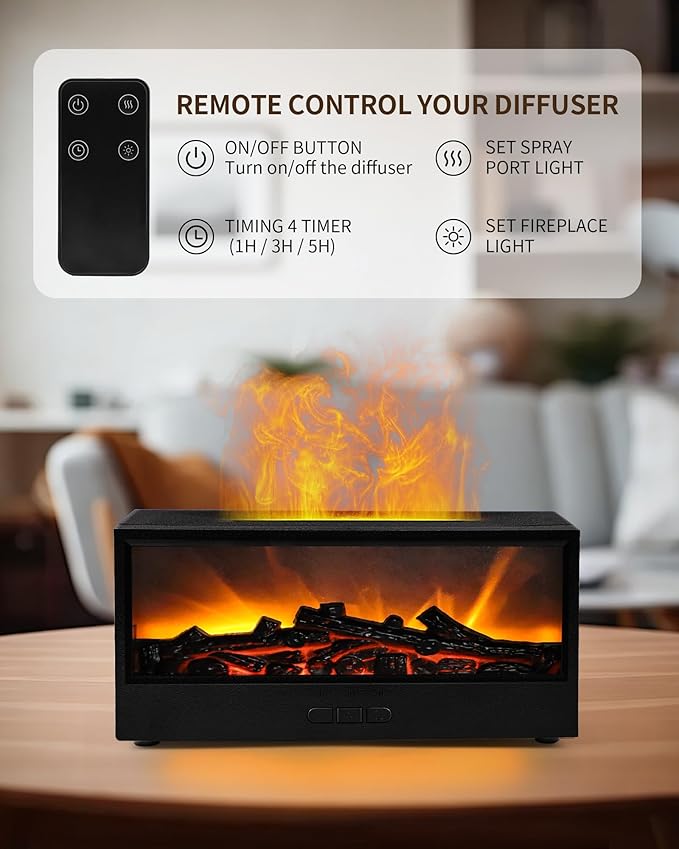 Essential Oil Diffuser, 7-Color Fireplace Flame Aromatherapy Humidifier, 150ml Ultrasonic Humidifier with Remote Control, Timer & Auto-Off, Valentine's Day Gift for Bedroom Home Office and Yoga - Image 2