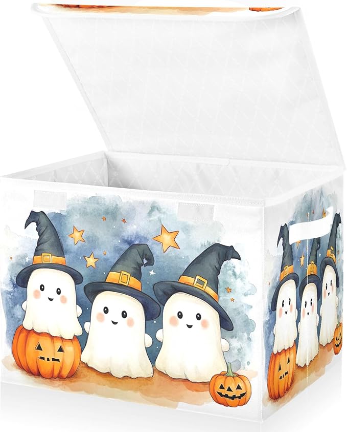xigua Cute Cartoon Ghosts Storage Bins with Lids and Carrying Handle,Foldable Storage Boxes Organizer Containers Baskets Cube with Cover for Home Bedroom Closet Office - Image 2