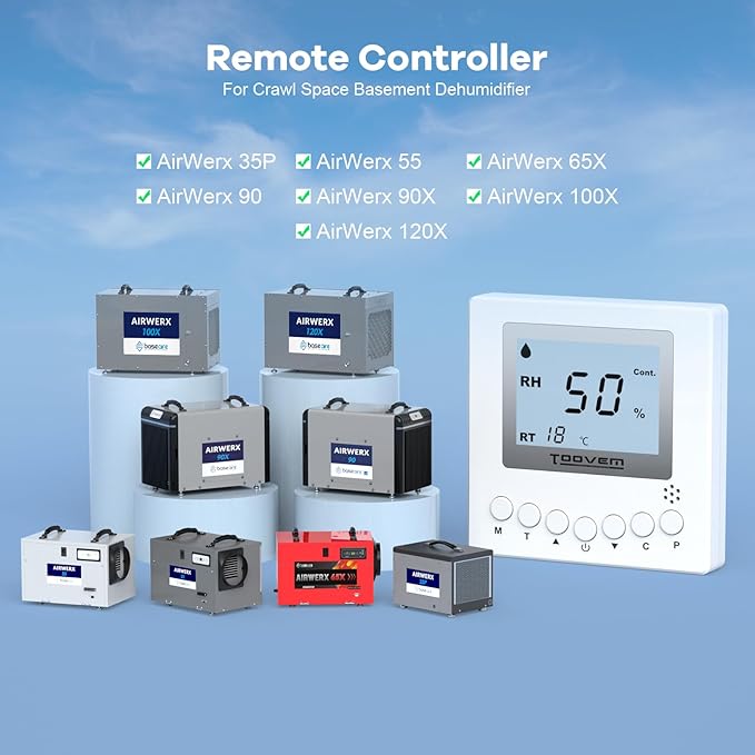 BaseAire Dehumidifier Remote Controller for Digital Humidity, Temperature, Adapt The Humidity Level, Suitable for Dehumidifier Airwerx 35P, 55, 65X, 55S WiFi, 65XS WiFi, 90, 90X, 100X, 120X,White - Image 2