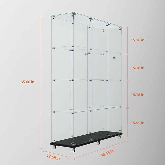 Yoluckea 4 Tiers Glass Display Cabinet Extra Large with Bluetooth LED Light Strip, 2 Doors Floor Standing Curio Cabinet with Universal Wheel for Home, Black Glass Bookshelf for Collections, Clear Top - Image 2