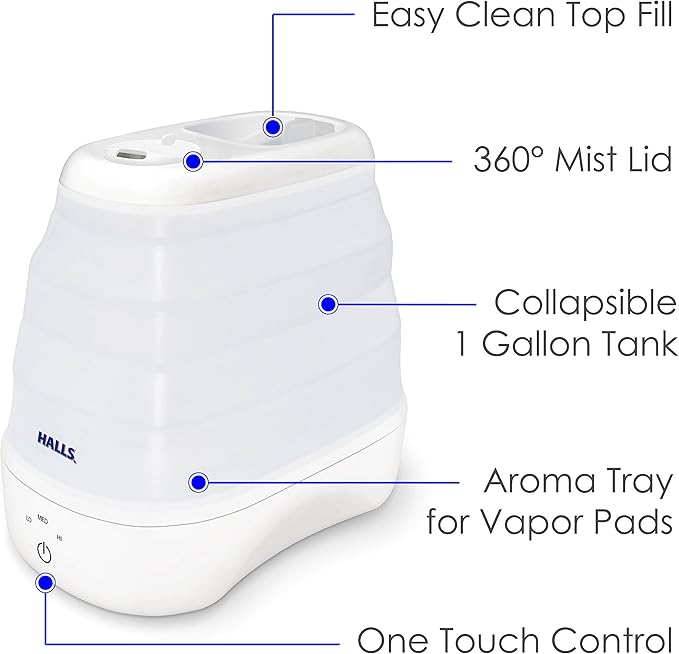 Crane x HALLS Collapsible Cool Mist Humidifier for Bedroom and Office, 1 Gallon Portable Humidifier for Travel and Easy Storage, Blue and White - Image 4