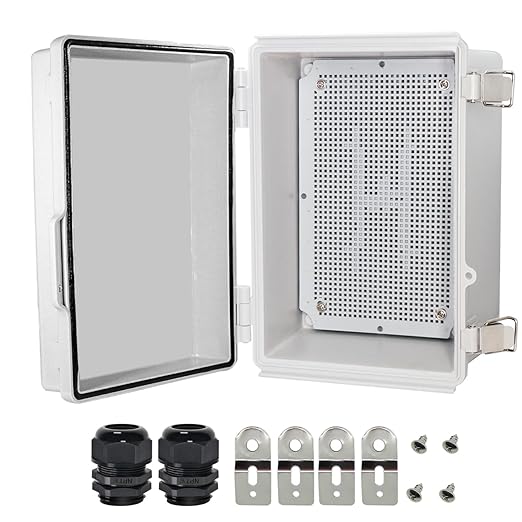 Zulkit Junction Box,IP67 Waterproof Electrical Box Hinged Cover Stainless Steel Latch Plastic Enclosure for Project w Mounting Plate Wall Bracket and 2 Cable Gland Grey 11"x7.5"x5.5"/280x190x140mm by Zulkit
