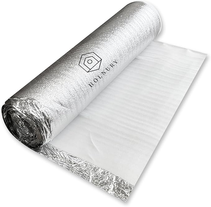 3-in-1 Acoustic Premium Floor Underlayment - 200 sqft Roll - 3mm Thick EPE with Silver Foil Vapor Barrier with Tape - Moisture Barrier, Thermal Insulation, Sound Insulation (Silver Protect) by HOLNURY
