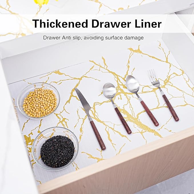 Drawer and Shelf Liner for Kitchen Cabinet,Non-Adhesive Cabinet Liner 12in x 20FT,Waterproof Shelf Paper Non-Slip Mats Cupboard Liners Contact Protect Dresser/Shelves/Table-Gold Marble - Image 3