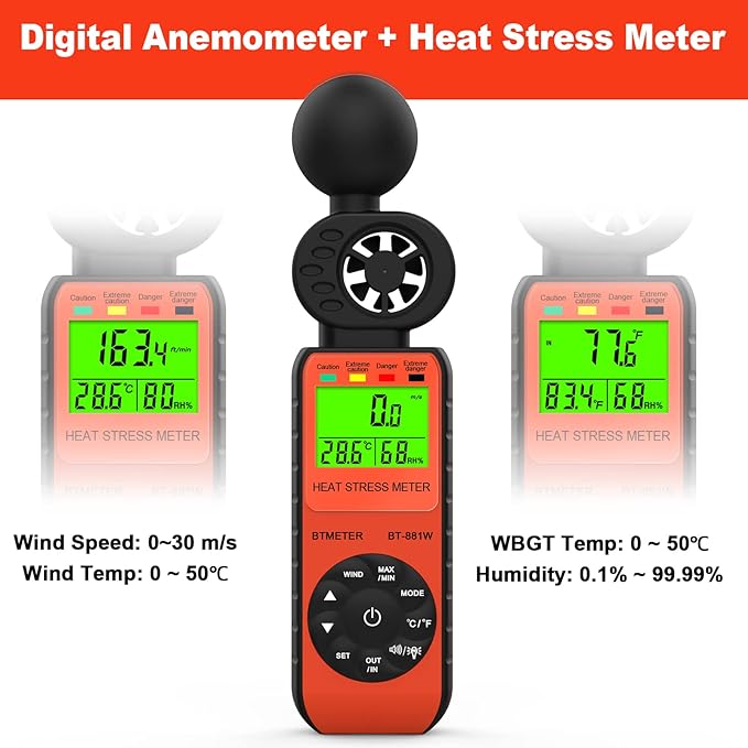 BTMETER BT-881W Heat Stress Meter Anemometer, Digital Indoor/Outdoor WBGT (Wet Bulb Globe Temperature) Meter with Wind Speed, Ambient Temp, Humidity Tester - Image 3