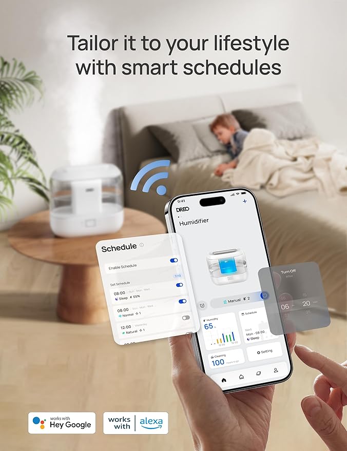 Dreo Smart Humidifiers for Bedroom, Top Fill 4L Supersized Humidifier Large Room with 28 dB, 36H Runtime, Touch/APP/Voice Control, Nightlight, Cool Mist Humidifiers for Baby, Plants, Indoor, White - Image 3