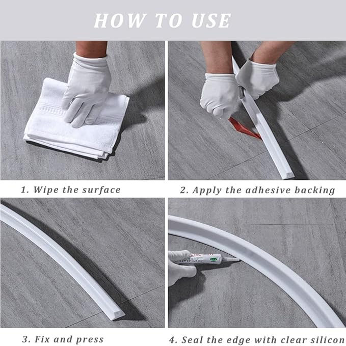 Shower Dam Self Adhesive, Shower Water Blocker for Kitchen Bathroom, Shower Guard Shower Threshold Water Dam for Bathtub, Countertop Edge Trim ((White/197in)) - Image 5
