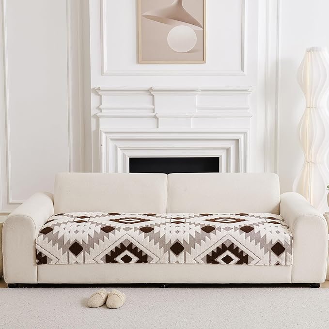 Boho Plush Couch Covers for Sofa Washable, Fuzzy Soft Couch Cover for Sectional Sofa, Non Slip Jacquard Sofa Cover Furniture Protector for Kids, Pets (Dark Coffee,43"x82") - Image 3