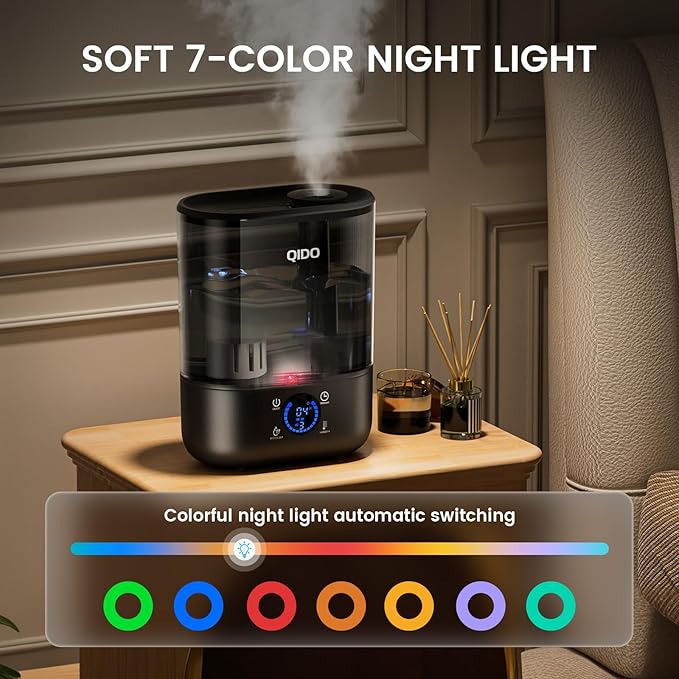 QIDO Top Fill Humidifiers for Bedroom, 5 L Cool Mist 36H Super Long Time, Quiet 28dB Essential Oil Diffuser for Baby & Plants, 3 Adjustable Mist with Touch/APP/7-color Nightlight, Auto Shut-off, Black - Image 9