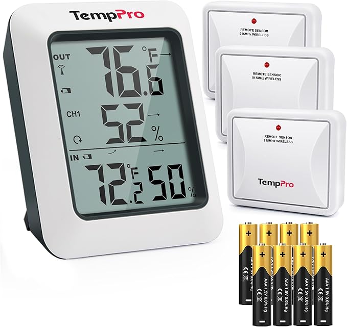 TempPro TP60-3 Digital Hygrometer Indoor Outdoor Thermometer Wireless Temperature and Humidity Gauge Monitor Room Thermometer with 500ft/150m Range Humidity Meter (Previously ThermoPro) by ThermoPro