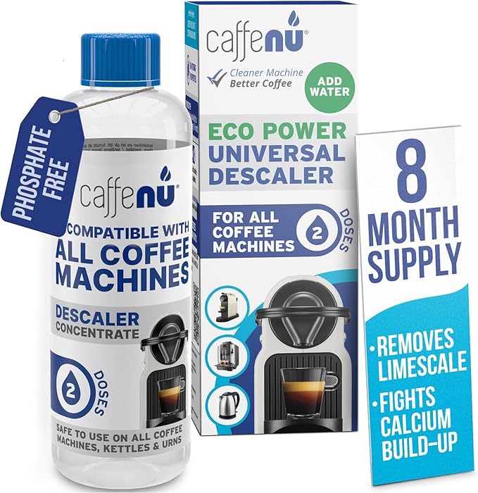 Universal Coffee Machine Descaling Solution. Coffee Machine Descaler Liquid 2 Uses. Descaler Kit. Part of your Barista Accessories Set. Compatible with Nespresso, Phillips, Lavazza, Verismo and More! by Caffenu