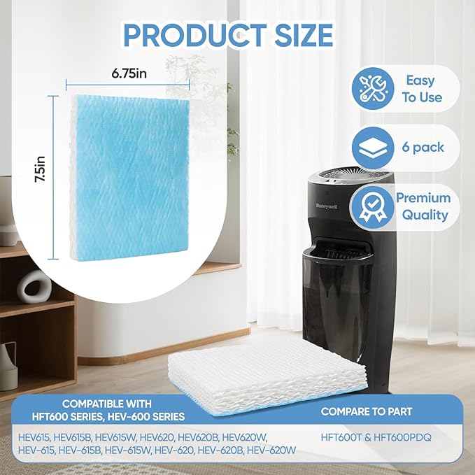 HFT600 6 Pack Humidifier Wicking Filter T Replcement Compatible with Honeywell HEV615 HEV620 Humidifier, Compared to Part HFT600T HFT600PDQ Wicking Filter, Blue - Image 2