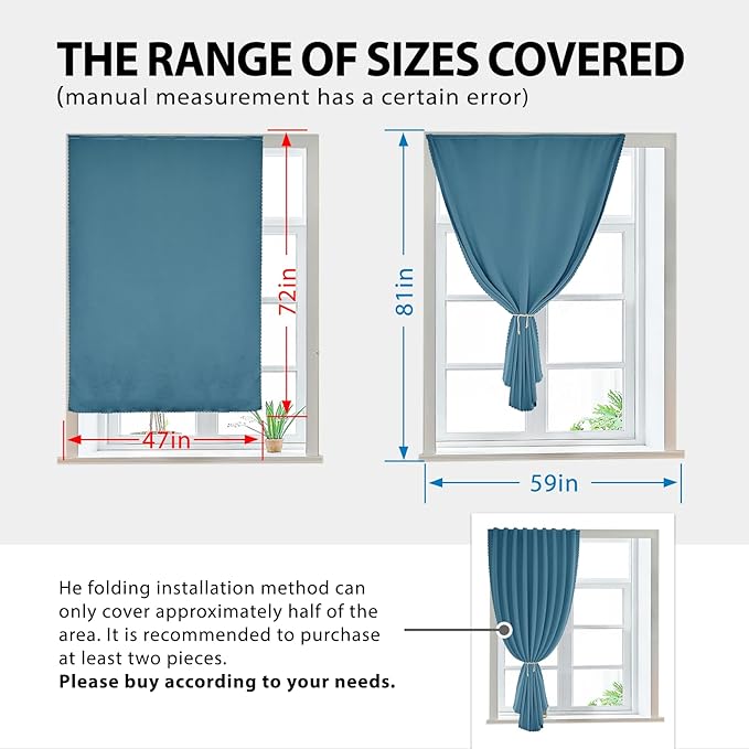 Magic Tape Stick on Portable Curtains for Windows,Bedroom Blackout Curtains for - Thermal Lnsulated No Drill Curtains Room Darkening Black Small Drapes(1 Panels,47Wx72L inch-Dark Blue) - Image 3