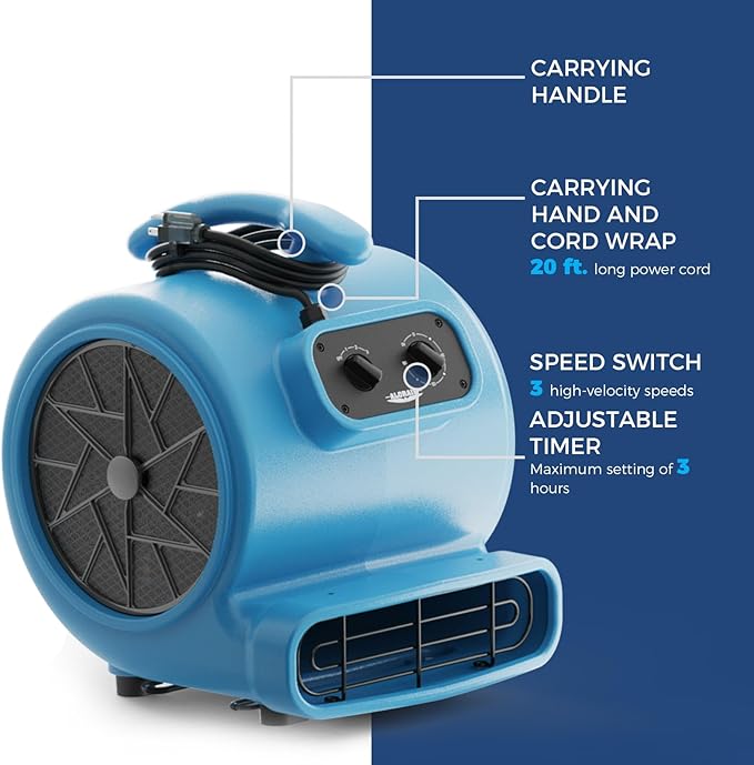 ALORAIR 3000 CFM Air Mover Blower Fan for Industrial, Floor Drying Fan, Carpet Dryer - Timer, Filter, Stackable, 3 Speeds, 5 Adjustable Angles, for Water Damage Restoration and Plumbing - GE3000TF - Image 4