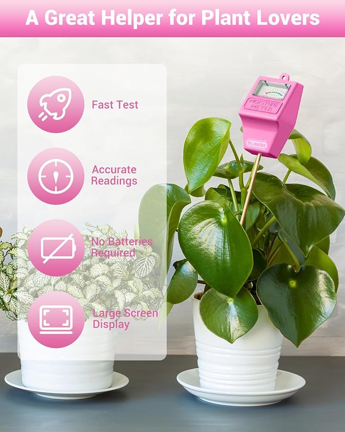 Soil Moisture Meter Tester for Plants, Hygrometer Moisture Sensor for Houseplants Indoor Outdoor Garden Lawn Use - Plant Water Meter Gauge Test Kit, No Battery Needed - Gardening Gifts, Pink - Image 2