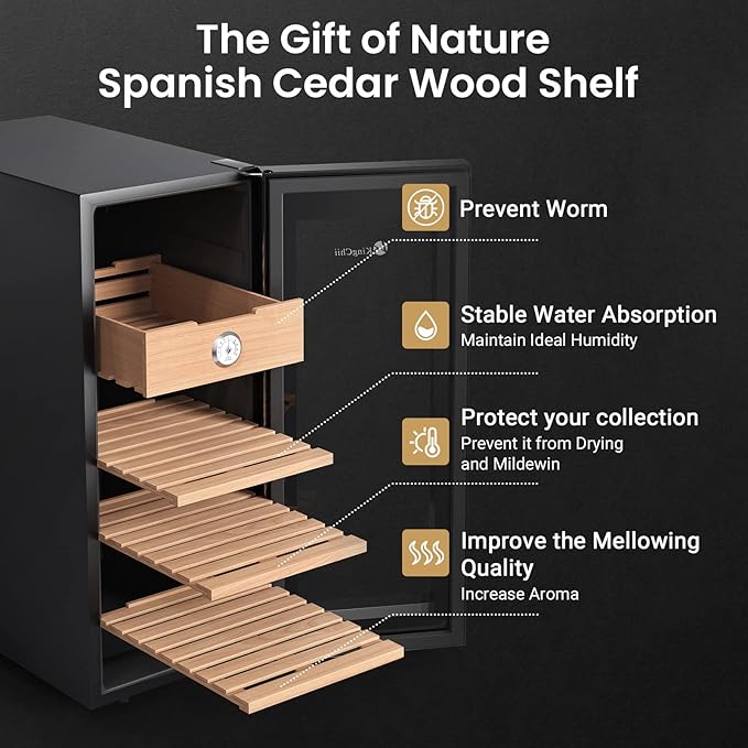 KingChii 33L Electric Cigar Humidors with Temperature Control System, Cigar Cabinet with Spanish Cedar Wood Shelves & Hygrometer, Father's Day Gifts for Men (4 Layers 250 Capacity) - Image 4