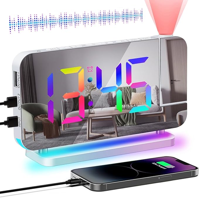 Projection Alarm Clock for Bedroom Ceiling,RGB Digital Clocks with 10 Colors RGB Night Light,Loud Alarm Clock for Heavy Sleepers,USB C Charger Port,Snooze,12/24H,Auto Dimming by Hanaix