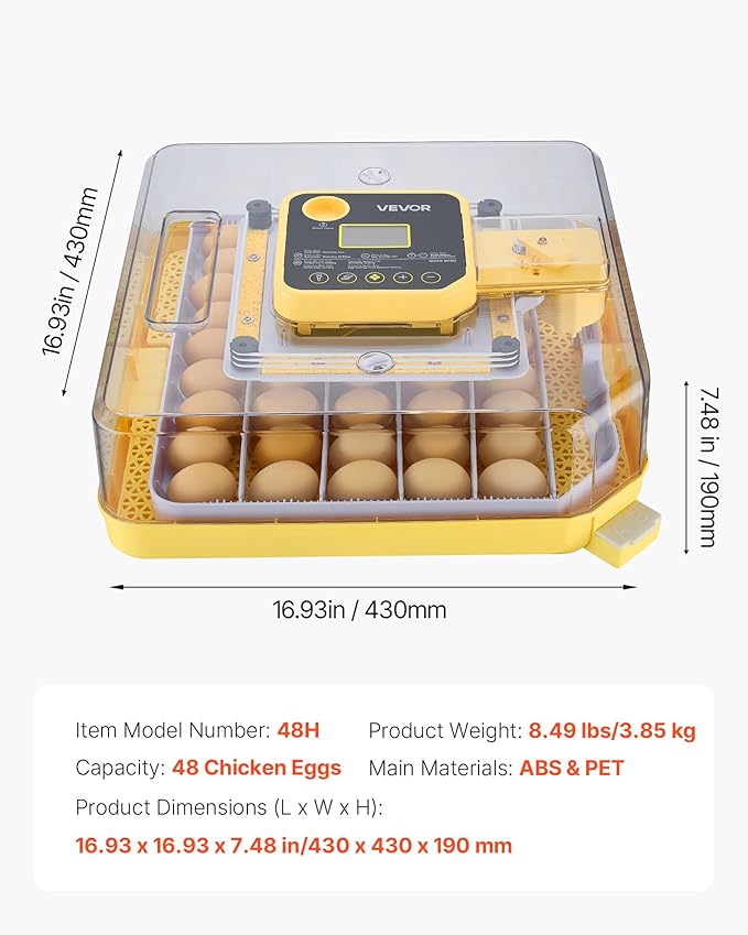 VEVOR 48 Egg Incubator, Automatic Egg Turner with LED Candler, Temperature Display & Auto Humidity Control, 360° View Clear Window, Poultry Eggs Incubator for Hatching Chicks Ducks Goose Quail - Image 7