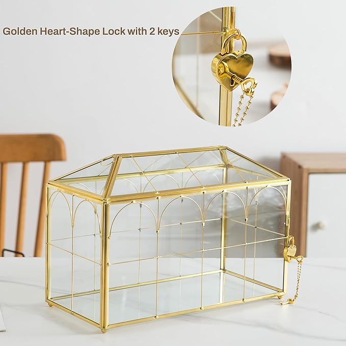 Glass Wedding Card Box with Slot, 12.5'' Large Clear Card Box Gold Brass Gift Card Storage Box with Lock Perfect for Wedding Receptions, Baby Shower, Birthday Party, Bridal Shower - Image 5