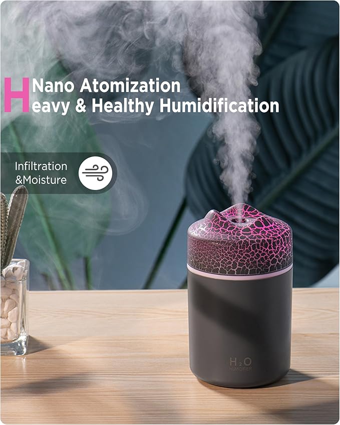 Portable Mini Humidifier, Colorful Volcanic Texture, 300mL Cool Mist Humidifier, USB Powered, Auto Shut-Off. Perfect for Bedroom, Office & Car. - Image 2