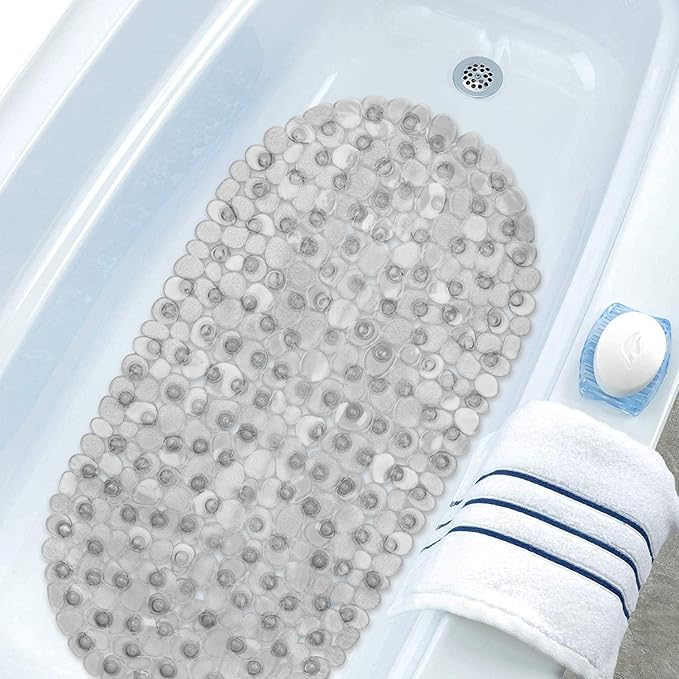 WELTRXE Pebbles Bathtub Mat Non Slip Oval Shower Mat with Suction Cups, Drain Holes, 27 x 14 Inch Plastic Bathroom Tub Mats Machine Washable, BPA, Latex Free Safety Mat for Bath Tub, Clear Gray - Image 7