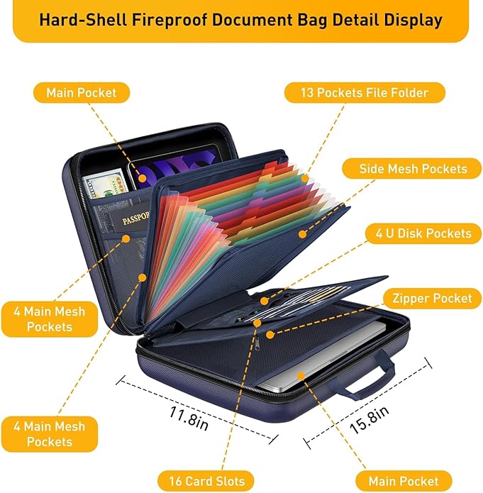 Fireproof Document Organizer Bag, 5200℉ File Organizer Safe Box, Hard Shell Document Bag with 13 Pocket Accordion File Folder - Image 6