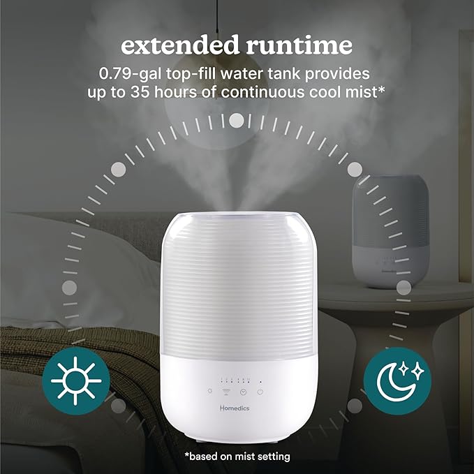 Homedics Ultrasonic Cool Mist Humidifier, Top-Fill 3L Water Tank, Covers 395 sq. ft, 35-Hour Runtime, 3 Mist Settings, Clean Tank Tech, Auto-Off, Night Light, Quiet - Image 7