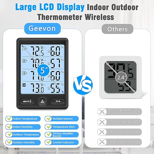 Geevon Indoor Outdoor Thermometer Wireless 3 Remote Sensors, 5-Inch Display Digital Hygrometer Thermometer Temperature Humidity Monitor with 8S Backlight, Battery-Powered (Black) - Image 5