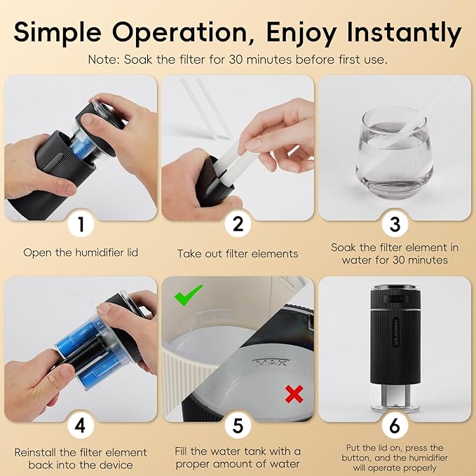 Portable Small Humidifiers for Travel, Mini Air Ultrasonic Humidifier with Filter Element - Cool Mist, Whisper Quiet, Nightlight, 350ML Tank, Car Modes, Perfect for Baby, Bedroom, Hotel, Desk, Plants - Image 8