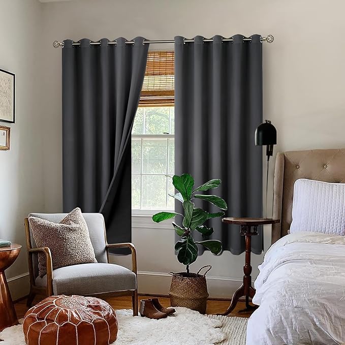 BGment Thermal Insulated 100% Blackout Curtains for Bedroom with Black Liner, Double Layer Full Room Darkening Noise Reducing Grommet Curtain (60 x 63 Inch, Dark Grey, 2 Panels) - Image 2