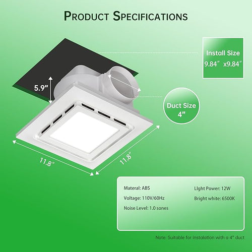 12" Exhaust Fan with Light,144 CFM Silent Exhaust Fan with 6500K 12W LED Light,Bathroom Ventilation Fan with Lights for Bathroom, Office, Hotel - Image 2