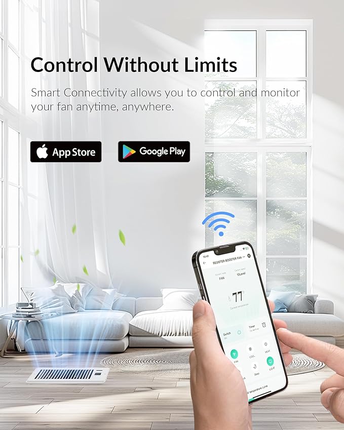 Super Quiet Register Booster Fan for 4" x 12" Register Holes, Smart Vent with Dual Intelligent Thermostat and WIFI App Control, Heating Cooling AC Vent Fan (White) - Image 3