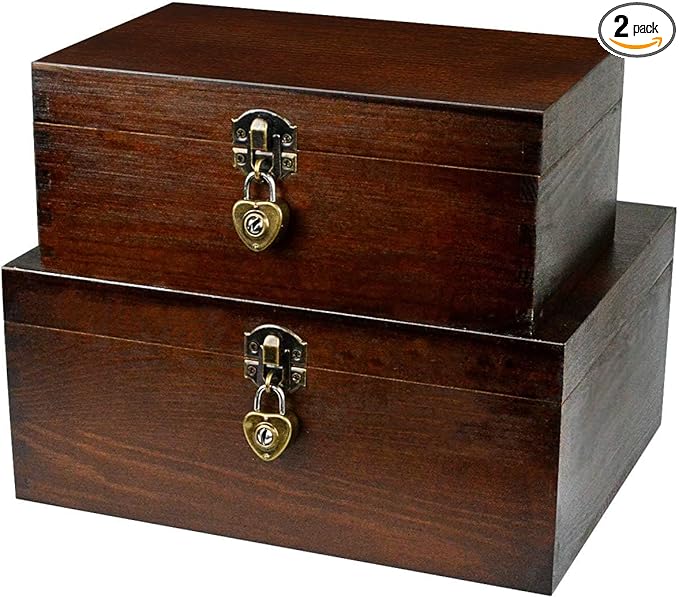 Wood Keepsake Boxes with Lock and Keys Handcrafted Decorative Wooden Storage Case Cabinet Container Hinged Lid Country Rustic Style Organizer for Trinkets Gift Card Collection Coffee Color 2 Pack by BigHala