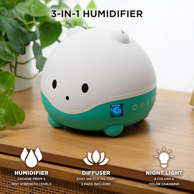 LittleHippo WISPI 3-in-1 Humidifier, Diffuser & Night Light for Baby/Kids - 3 Mist Strength, 7 LED Color Changing Lights, Essential Oil Tray for Aromatherapy - Cute Humidifiers for Bedroom/Nursery - Image 2