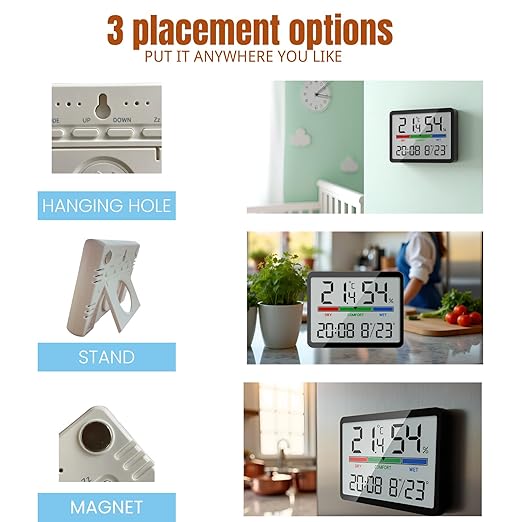 Digital Hygrometer Indoor Thermometer, Clock with Temp & Humidity, Temp Gauge with Comfort Indicator, Wall/Magnetic/Desk Alarm Clock for Bedroom, Baby Room, Office, Kitchen, Garage (White) - Image 6