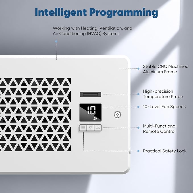 Register Booster Fan for 4" x 10" Register Holes with Remote Control and Thermostat, 10-Speeds Floor Vent Fans Booster - Enhances AC Heating&Cooling Airflow, Quiet Air Duct Fan for Wall, White - Image 4