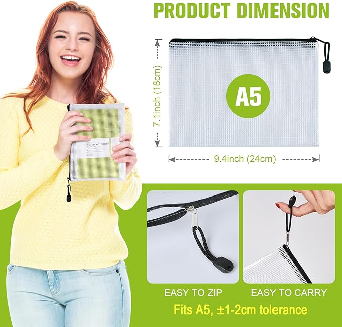 Mesh Zipper Pouch, 6PCS Waterproof Plastic Mesh ZipperBag, A5 Size Tear-Resistant Document Pouch, Extra Large Zip File Bags, for School Office Supplies Home Travel Storage(9.4×7.1 Inch) - Image 2